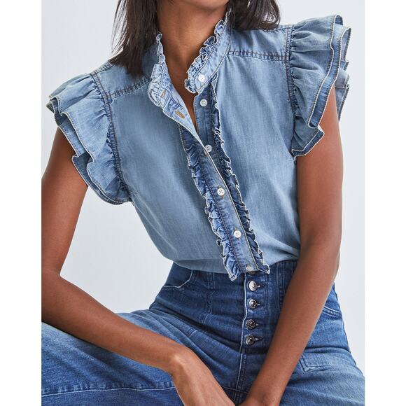 Veronica Beard Tops - Veronica Beard 'Tenille' Blue Ruffled-Sleeve Shirt Size XS